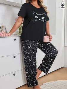 Plus Size Women's Knit Pajamas Lounge Set, Heart Leopard Print Short Sleeve Top & Pants Sleepwear, Casual Wearable Loungewear Pyjamas