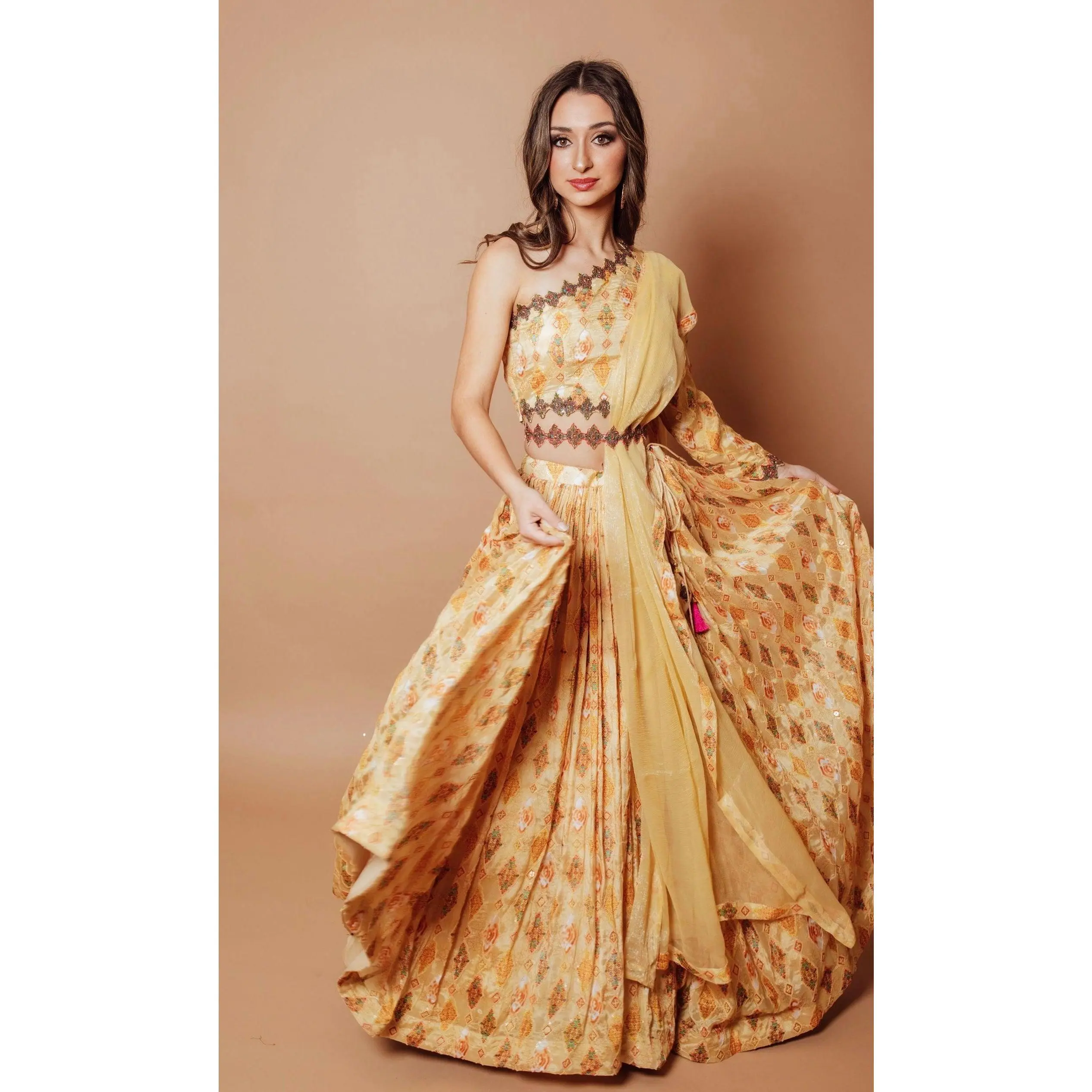 Yellow Embroidered Lehenga with One Shoulder Blouse