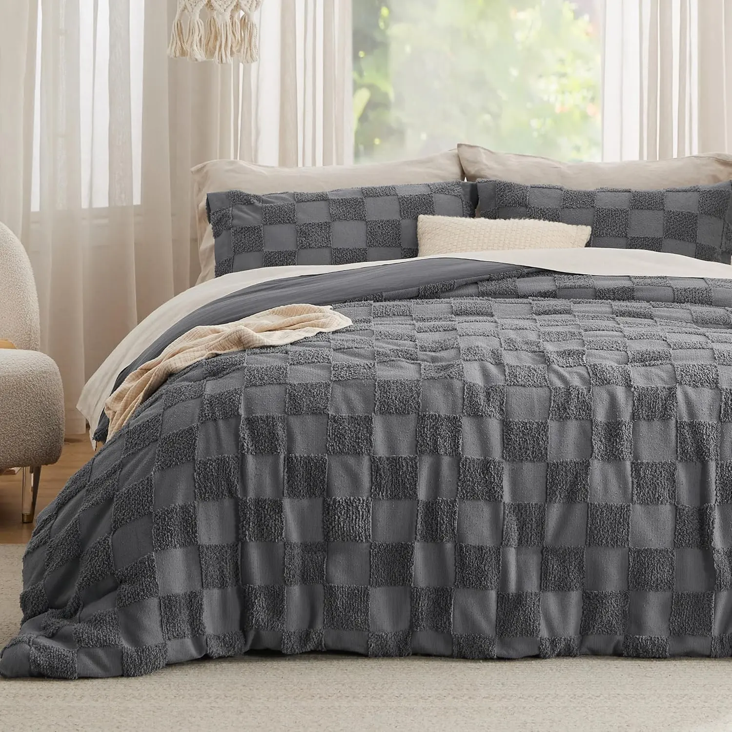2-Piece Twin/Twin XL Synthetic Comforter Set - Dark Grey, Boho Tufted, Checkered Farmhouse Plaid Geometric Design, Includes 1 Comforter and 1 Pillow Sham, Two Piece