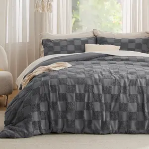 Twin/Twin XL Comforter Dark Grey, Boho Tufted, Checkered Farmhouse, 2, 1 Plaid Geometric Comforter and 1 Pillow Sham