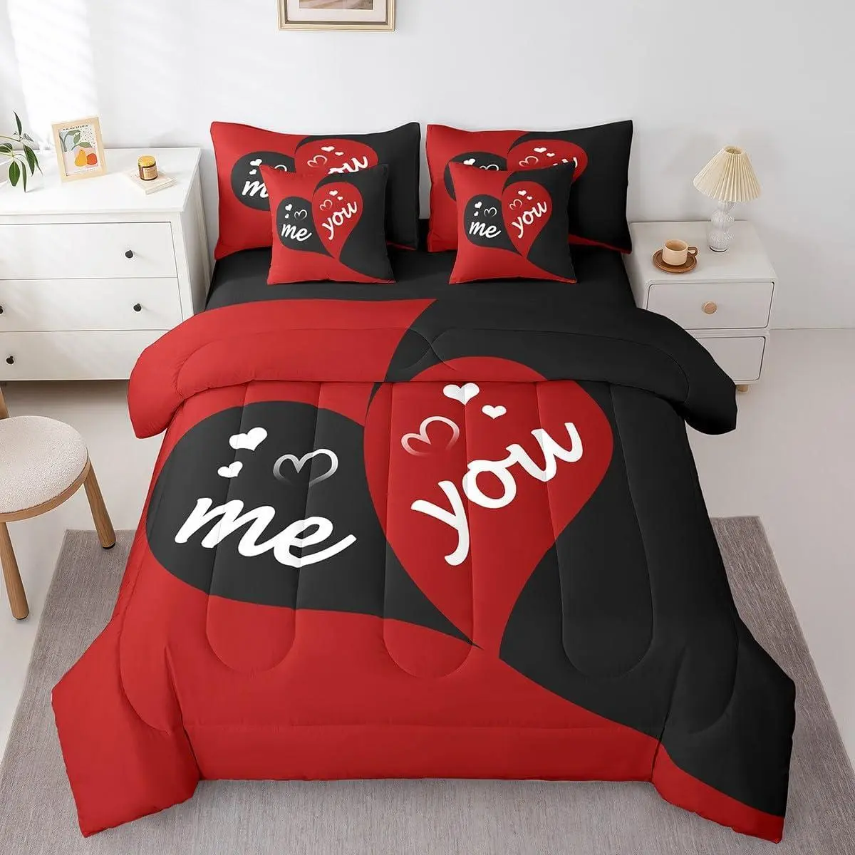 Feelyou 7-Piece Ultra-Soft Microfiber Bedding Set - Red and Black Love Hearts Romantic Theme, Multi-Size Couple Gift for Valentine's Day, Wedding Decor, Seven Pieces