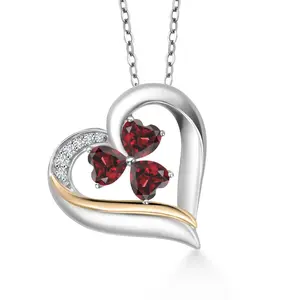 925 Sterling Silver and 10k Yellow Gold Red Garnet and White Lab Grown Diamond 3-Stone Pendant Necklace For Women (1.84 Cttw, Gemstone Birthstone, Heart Shape 5MM, 18 Inch Chain)