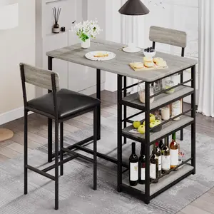 YJ-Garvee Sturdy 3-Piece Counter Height Bar Dining Set for 2, Durable Rustic Gray Kitchen Table with 3 Storage Shelves and Upholstered Chairs, Ideal for Small Spaces