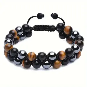 8mm Beaded Prosperity Bracelet Genuine Tiger's Eye, Black Obsidian & Hematite - Luck & Happiness Crystal Jewelry for Men and Women, Ideal for Healing & Protection
