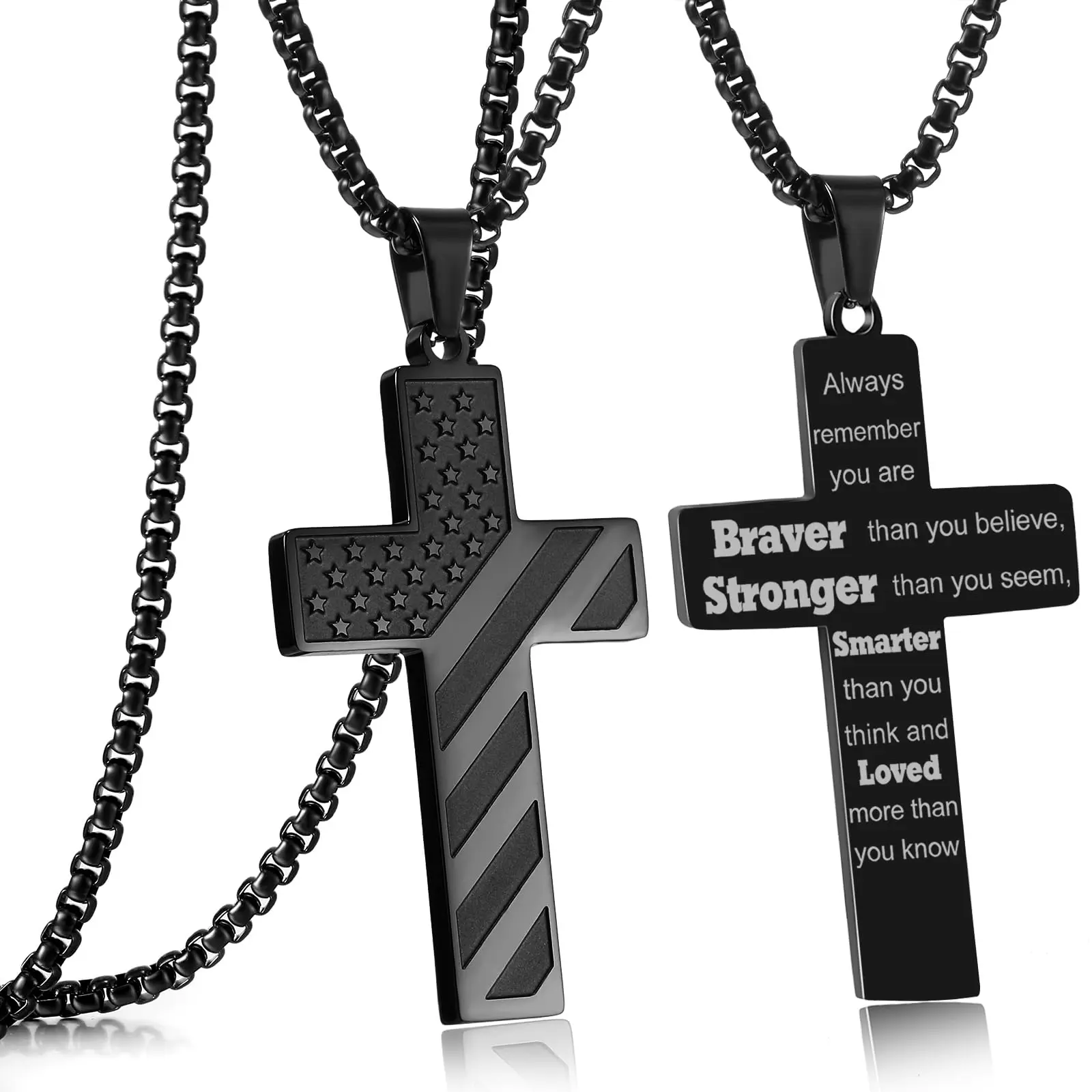 Cross necklace with Bible verse and American flag pendant — stainless steel men's jewelry gift | faith-inspired, bold, patriotic chain for him