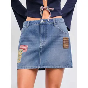 Cider [size 0-10] Denim Low Rise Gingham & Floral Appliques Button Pocket Mini Skirt