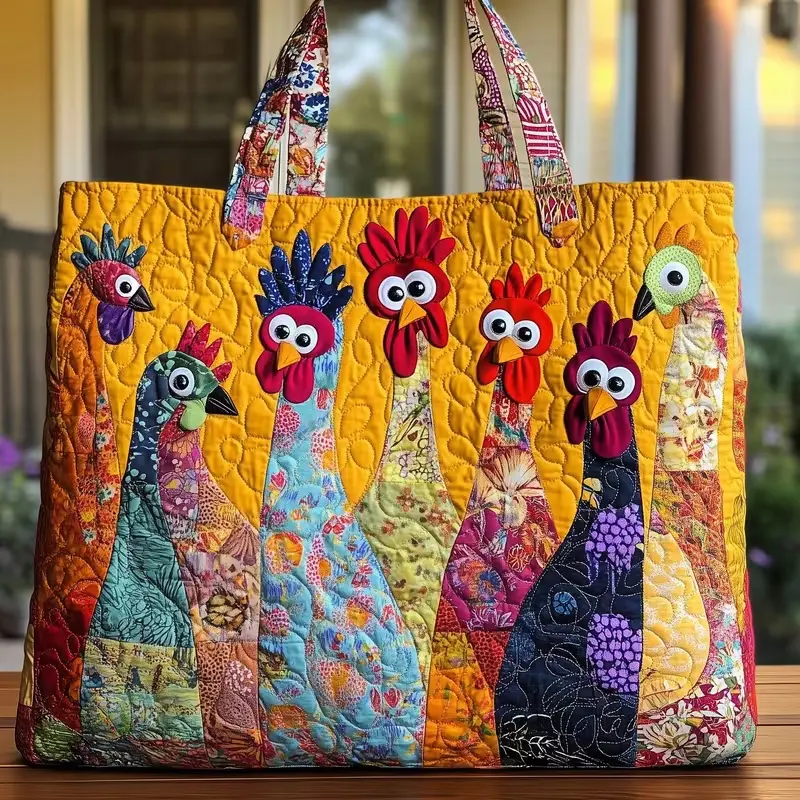 Cute Animal Print Quilted Tote, Large Capacity Rooster Pattern Shoulder Bag for Farm & Casual Wear
