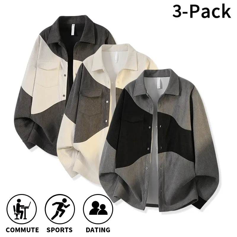 Men's Fall Winter Color Block Corduroy Shirt Jacket, Lapel Long Sleeve, Patchwork Design, Button Front, Chest Flap Pockets, Soft Thick Fabric, Relaxed Fit for Adult Men, Great for Daily Commute, Sports and Dating Outings