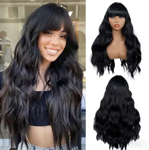 Black Wig with Bangs 24 Inch Long Wavy Wigs for Women Heat Resistant Synthetic Fiber Cosplay Halloween Daily Party Wigs glueless wig