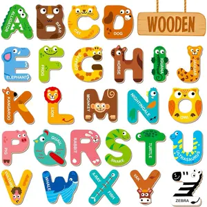 26 Magnetic Wooden Letters, Cute Animal Alphabet ABC Wood Magnets for Fridge Colorful Uppercase Animals Toys Set Educational Spelling Learning Games for Kids, Toddlers 3 4 5 Years Old
