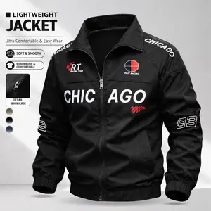 Men’s Jacket – Chicago Print Racing-Style Flight Jacket with Vintage Graphic Zipper Design, Windproof Casual Street Style, Suitable for Daily Wear and Outdoor Commuting Coats Long Sleeve