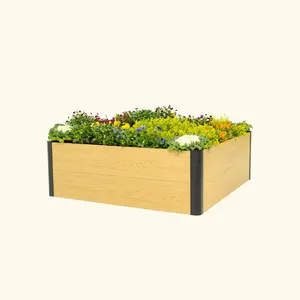 Vego Garden 16" Tall Woodgrain 4' x 4' Metal Raised Garden Bed- Heavy Duty Planter for Outdoor Planting Boxes & Low Maintenance Grow Bags
