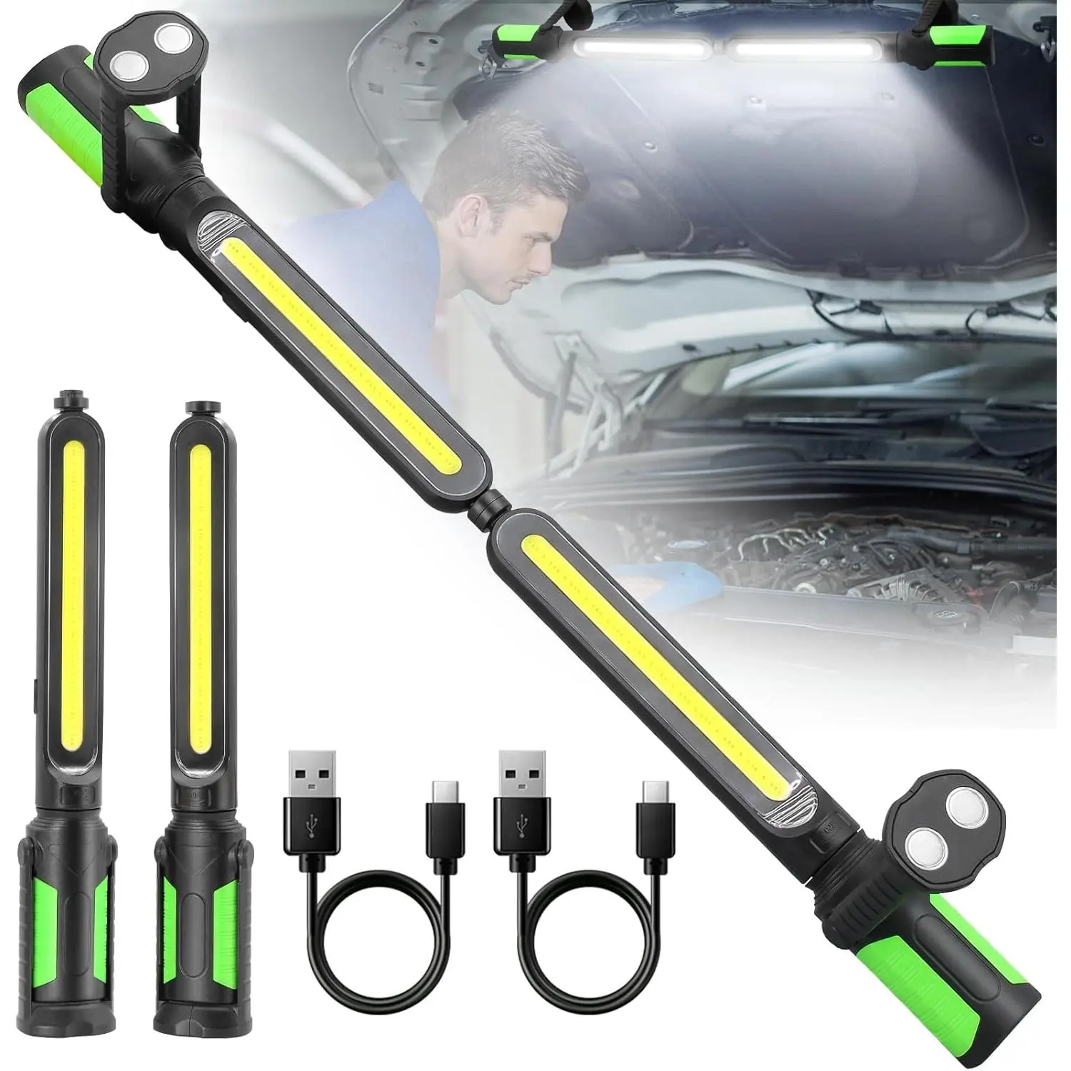 Work Light for Mechanic, 2400LM LED, 4400mAh Rechargeable, Magnetic, Underhood Work Light with Hooks for Car Repairing/Inspection/Garage/Workshop/Emergency