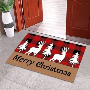 Classic Retro Christmas Reindeer Doormat - Red Black White Christmas Tree Snowflakes Plaid Buffalo Checkered Plaid Doormats Front Door/Bathroom Entrance Mats