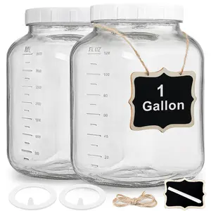 2 Pc Wide Mouth 1 Gallon Glass Jar with Screw Lid, Heavy Duty Airtight Screw Lid with Silicone Gasket - Large Mason Jar with 2 Scale Mark for Fermenting Kombucha and Storing Food(Extra 2 Gaskets)
