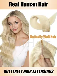 12-20 Inches Long PU Invisible Weft Hair Extensions Human Hair Butterfly Weft Hair Extensions Micro Bead Hole Weft Hair Extensions Real Human Hair Microlink No Tape in Hair Extension Highlight Blonde Brown Human Hair Extensions