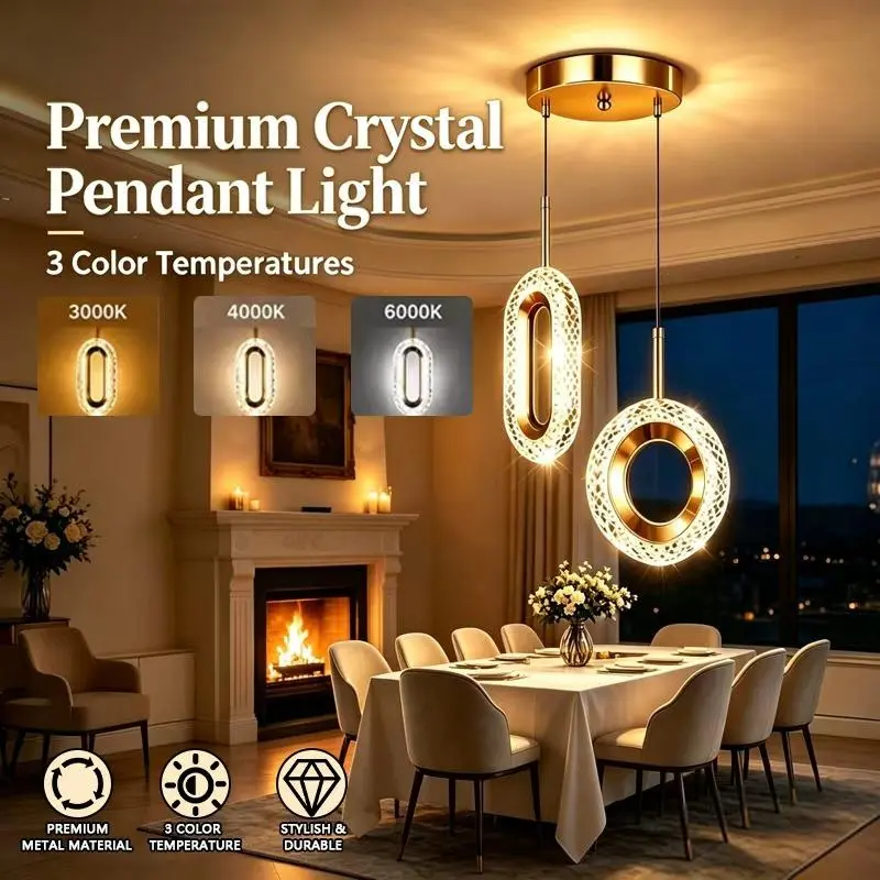 Modern Golden Crystal LED Chandeliers 3-Color Dimmable Pendant Light for Kitchen Island, Dining Room, Living Room, Contemporary Hanging Ceiling Light, Adjustable Height, Home Atmosphere Light, Perfect for Modern Home Decor