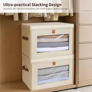 【SUHOPE】Summer Super Deal Large Closet Storage Organizer - Clothes Storage Bins with Handles & Window, Collapsible Decorative Boxes with Lids, Fabric Containers for Living Room, Dorm, 2 Pack, Beige