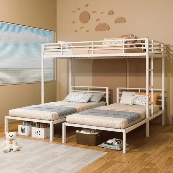White Metal L-Shaped Space-Saving Triple Bunk Bed - Twin XL, Noise-Reduced Frame, Silent Structure, Full Guardrails, Convertible Built-In Ladder, Integrated Shelf, Detachable into 3 Individual Beds, Labeled Parts