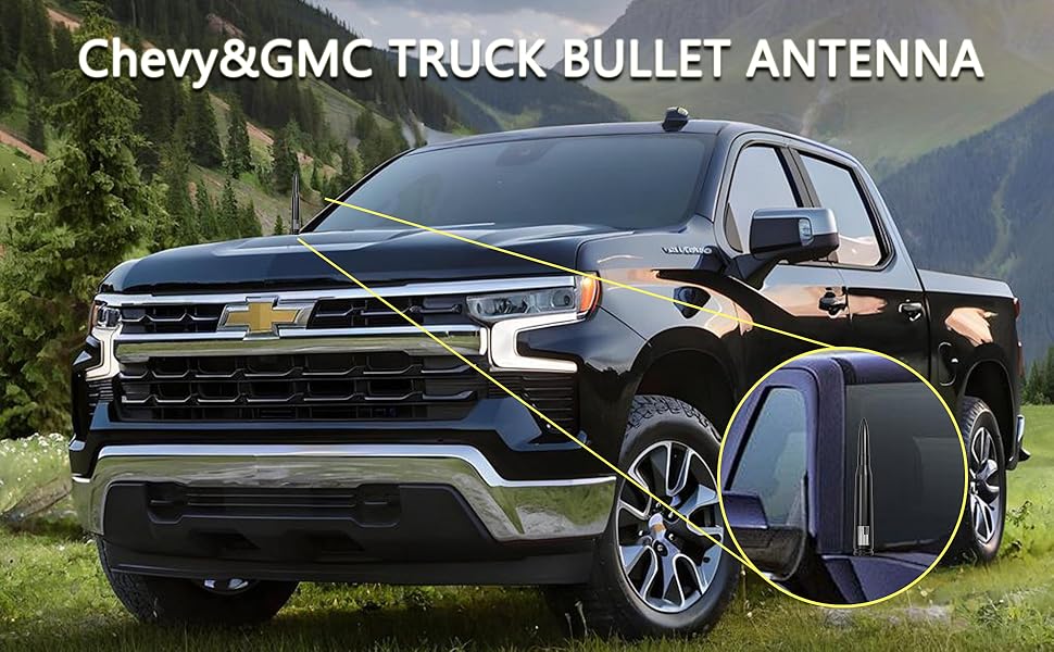 7 in Rubber Bullet Antenna with Flag Face Adjust for GM Chevy Silverado (Redline, High Country, ZR2), GMC Sierra 1500-3500 HD, Avalanche, Denali - Metal-Aluminum Build, Threaded Bolt, Anti-Theft, Carwash Safe Truck Exterior Accessory Gift