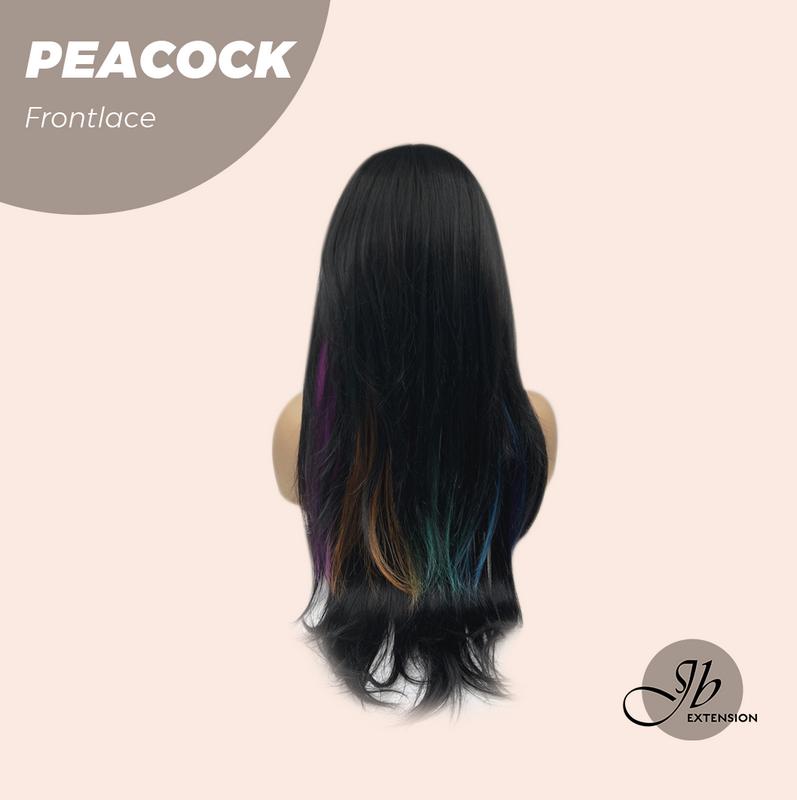 JBEXTENSION 26 Inches Curly Black With ​Multiple Color Pre-Cut Frontlace Wig PEACOCK