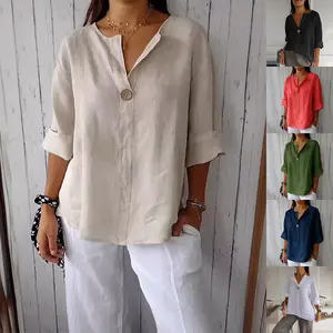 Relaxed V‑Neck Cotton‑Linen Long‑Sleeve Top