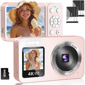 Pink Digital Camera, 4K 64MP UHD Dual Screens Camera, 18X Zoom, Portable Small Point and Shoot Digital Cameras with 64GB TF Card, 2 Rechargeable Batteries for Kids, Teens, Adult, Gifts - Pink