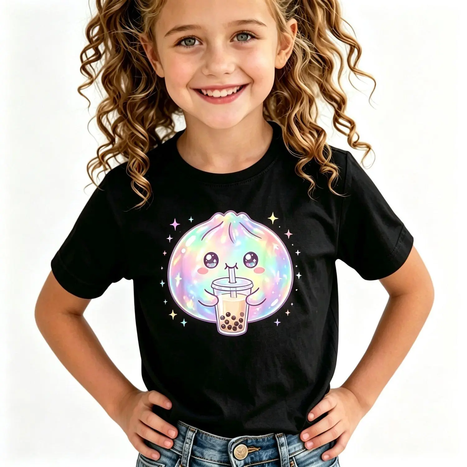 Kids' Cute Cotton Striped Short-Sleeve Top - All Season, Dumpling Lover Design, Ideal for Beach & School Outdoor Activities