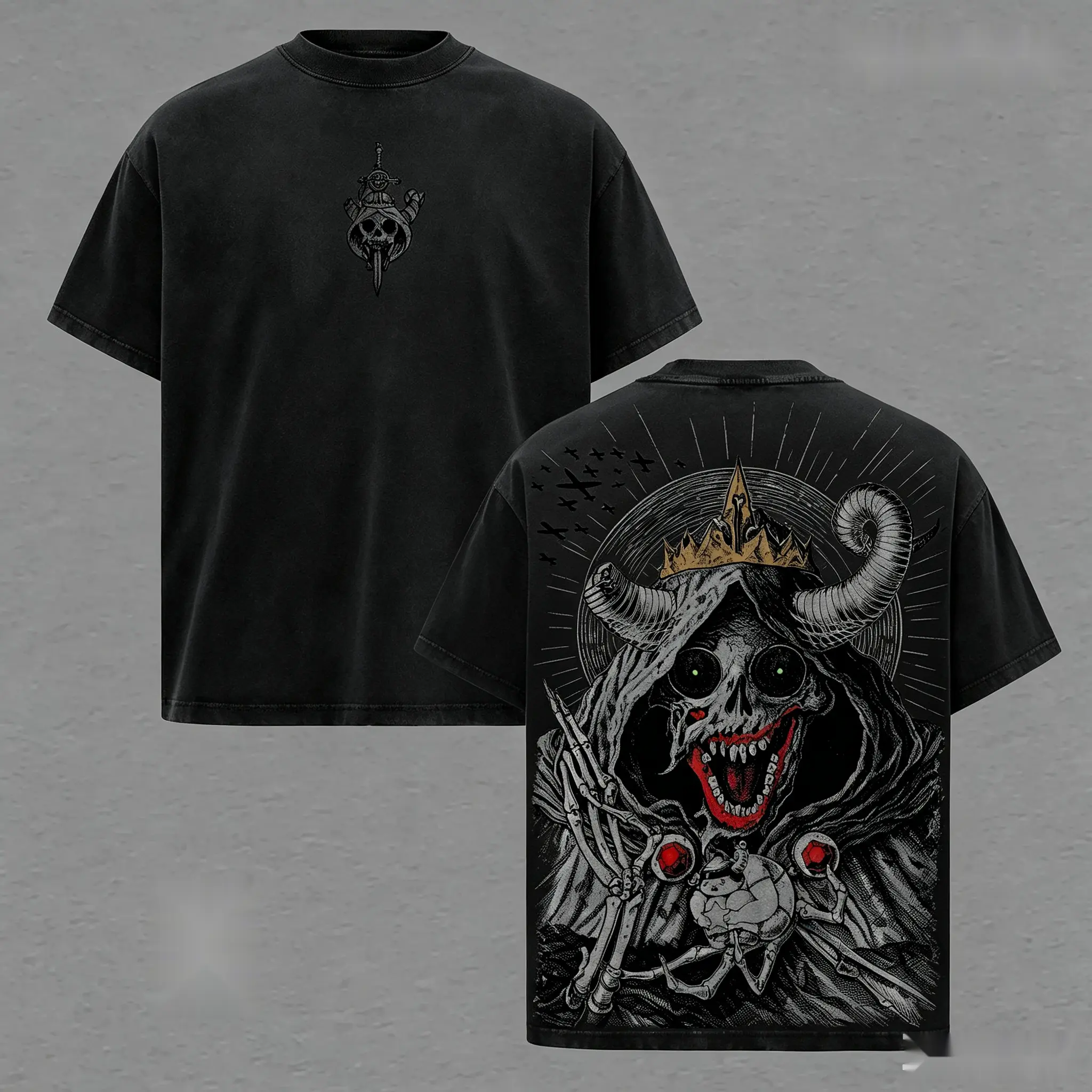 Lich Demon Graphic T-Shirt, Men's Oversized Vintage Washed Heavyweight Cotton Shortsleeve Top, Seamless Layer Streetwear, Skull, Soft, Round Neck, Menswear
