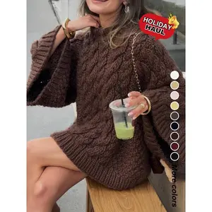 Women’s casual solid-color loose sweater, crewneck long-sleeve knit sweater, suitable for everyday wear in autumn and winter GARMENTARY