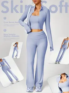 Women's Yoga Exercise Set, Activewear Set, Casual Sexy Outdoor Running U-Back Top, Comfortable Tight-Fitting Long Pants, High Neck Sleeveless Jacket