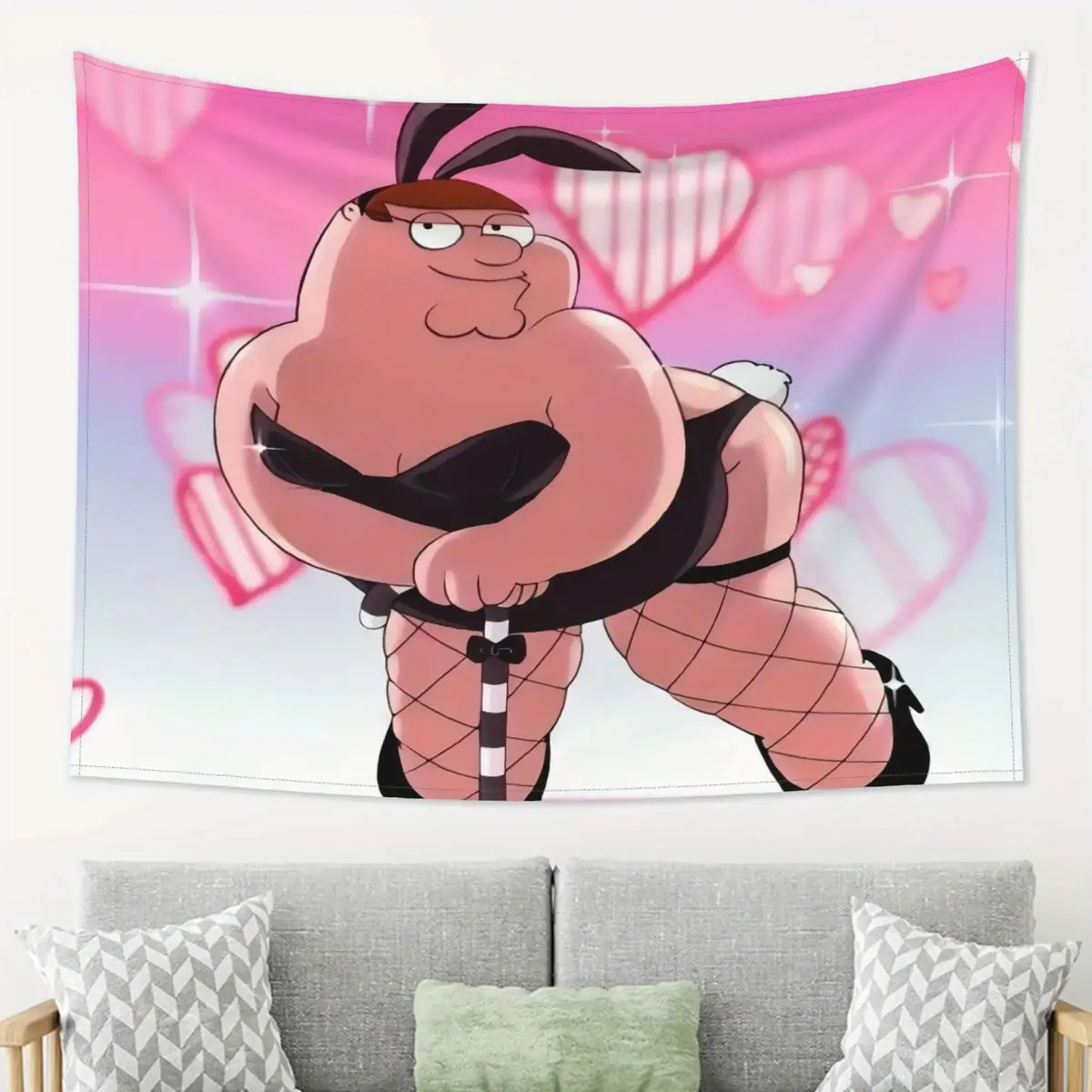Funny Cartoon Tapestry, Vibrant Pink & White Polyester, Funny Cartoon Character Tapestry, Bold Design, Heart Patterns, Perfect for Living Room, Bedroom, Office, or Party Decor, Bedroom Wall Art Hanging Lightweight