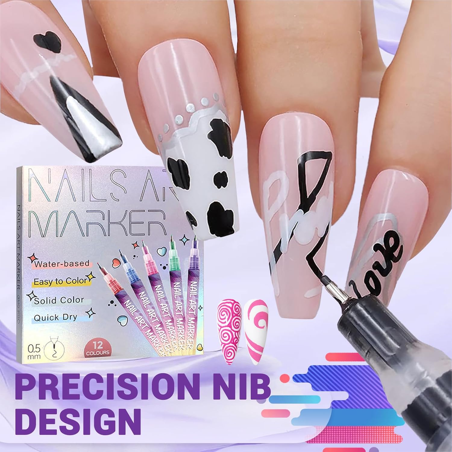 12-Color Nail Art Pen Set | 0.5mm Ultra-Fine Tip, Quick Dry & Waterproof | Lasts 7-14 Days | DIY 3D Nail Art for Beginners | Perfect Gift for Valentine‘s Day, Prom & Wedding