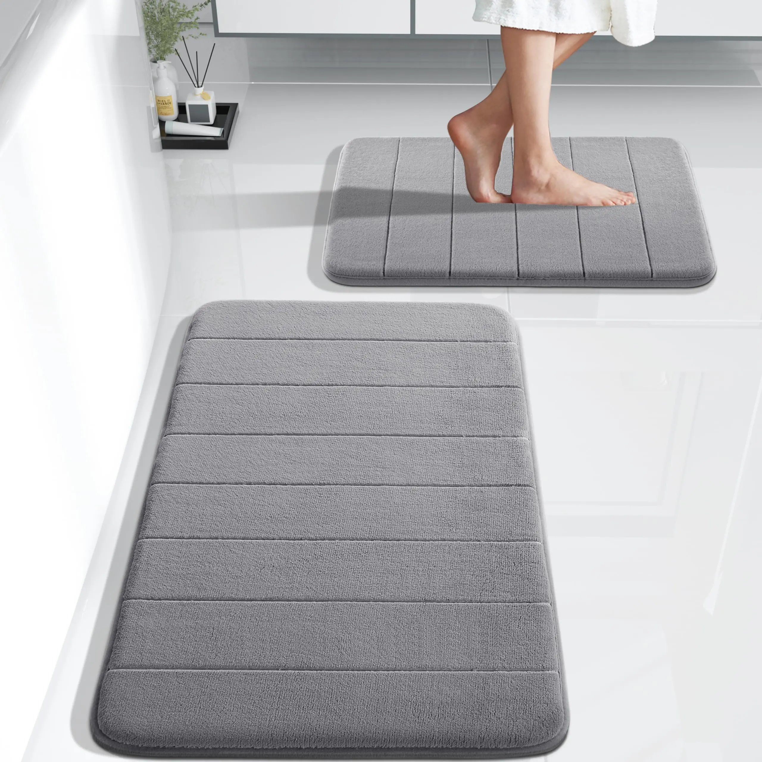 Bathroom Rug Set, 2-Piece Modern Non-Slip Mats - Soft Water Absorbent Cushiony Memory Foam Quick-Drying Machine-Washable Rectangle Home Bathroom Supplies (17x24 in + 31.5x19.8 in)