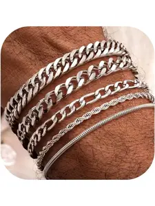 5 Pcs Stainless Steel Mens Bracelet Gold Silver Cuban Link Rope Figaro Cuban Chain Bracelets for Men Women 7.48/8.07/8.26 inches