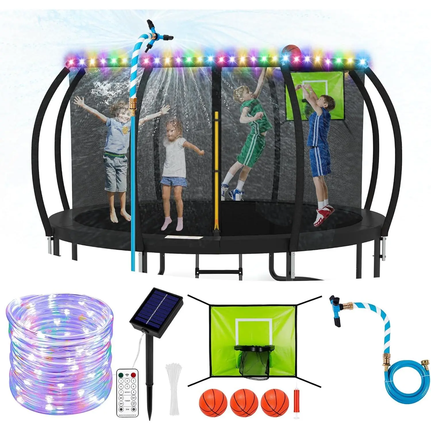 Trampoline Accessories Kit ,Basketball Hoop with 3 Mini Basketballs,50FT Solar Lights Fit 8 10 12 14 15 16FT Trampoline Outdoor 8 Mode,Choose from 2 Kits with Sprinkler or Dart Board & Glow Net