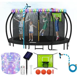 Trampoline Accessories Kit ,Basketball Hoop with 3 Mini Basketballs,50FT Solar Lights Fit 8 10 12 14 15 16FT Trampoline Outdoor 8 Mode,Choose from 2 Kits with Sprinkler or Dart Board & Glow Net
