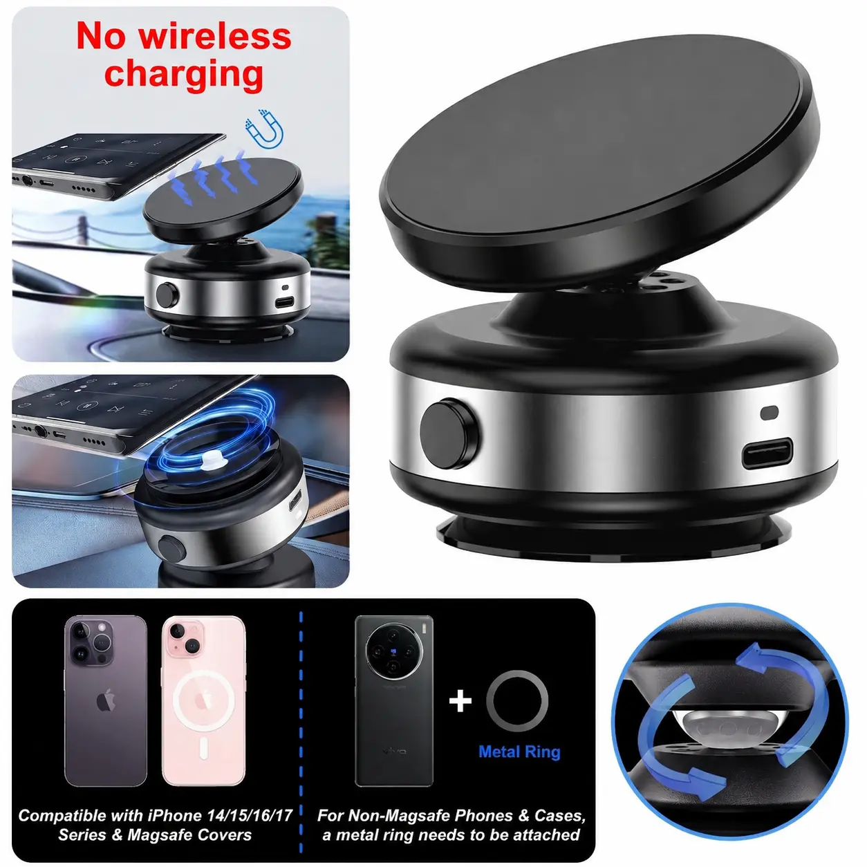 360° Adjustable Electric Vacuum Magnetic Phone Holder, Suction Cup Phone Mount for Magsafe, Portable for Car, Makeup/Gym/Mirror, for iPhone 17 Pro Max MagSafe 15/16