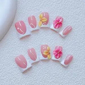 10pcs Y2K Style Press On Nails, Pink Nails, White French Style, White French Tip, Flower Design Nails, Handmade 3D Pink And Yellow Flowers With Golden Little Steel Ball Flower Core, Perfect for Parties and Weddings, Fake Nails, Nail Supplies