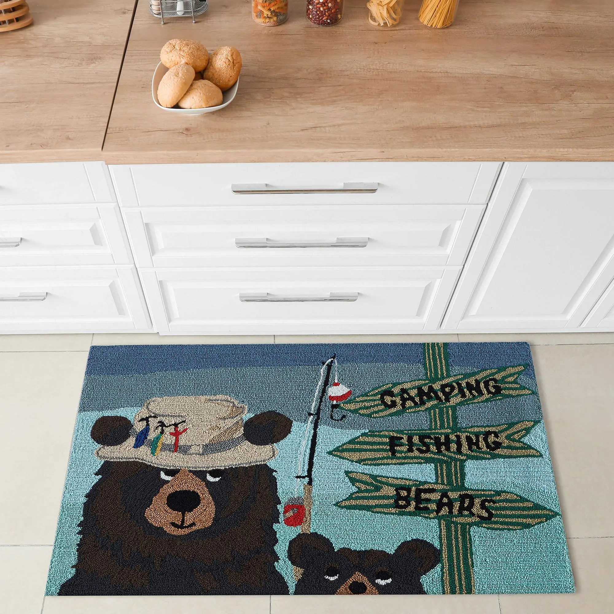 Lush Decor FRONTPORCH Indoor/Outdoor Hand Tufted Durable Area Rug - Transitional Whimsical Sports Decorative  (Fishing Bears)