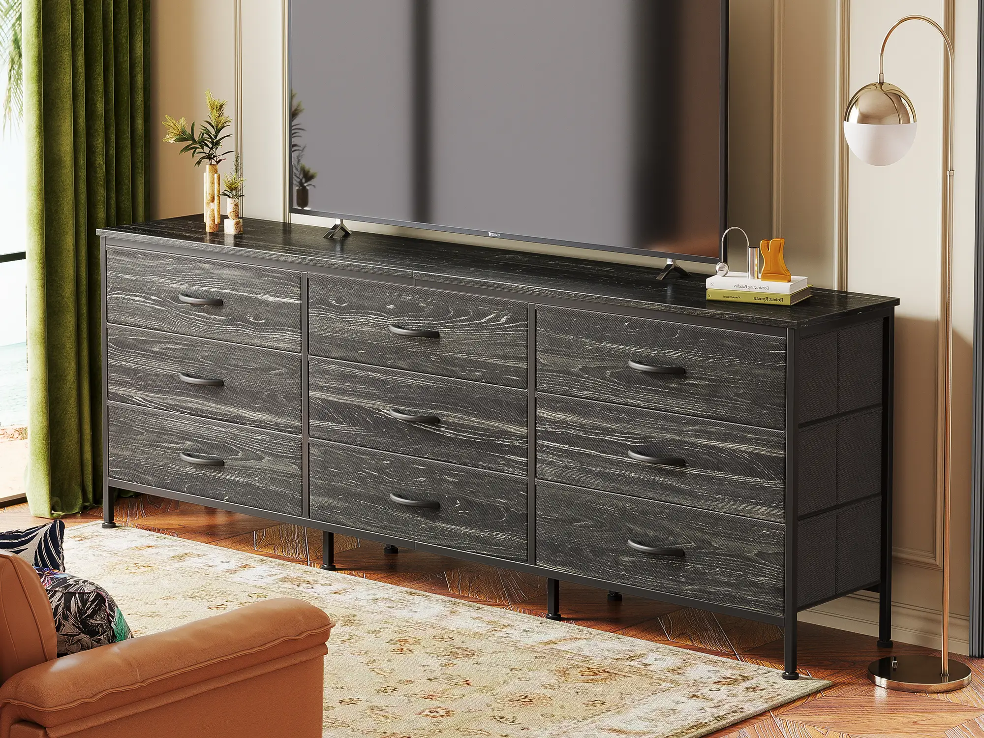 Huuger 63 Inch Dresser for Bedroom, 9 Drawer Dresser, TV Stand for 55, 65, 70 Inch TV, Wide Chest of Drawers, Large Long Fabric Dresser, for Nursery,