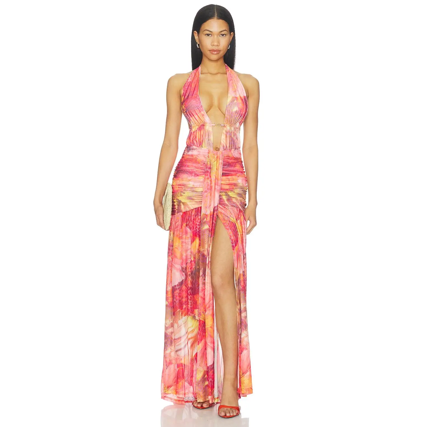 Runaway The Label Adrianna Plunge Ruched Maxi Dress in Kiara Peach