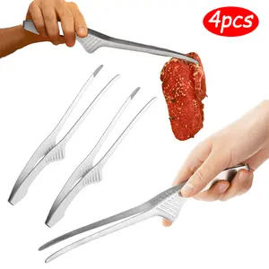 4 Pack Korean Japanese BBQ Tongs Barbecue Tongs Stainless Steel Kitchen Self-Standing Grill Non-Slip for Grill Salad Camping Cooking