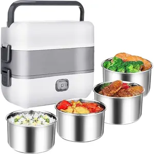 Portable Self Cooking Electric Lunch Box, Mini Rice Cooker, 2 Layers 4 Stainless Steel Steamer  Insulation Lunch Box for  Office Dormitory Travel Outdoor Kitchen Cook  , 2L/110V/200W