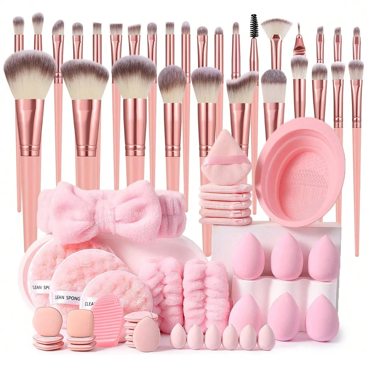 68PCS Professional All-in-One Makeup Tools Set, 30PCS Makeup Brushes, Makeup Sponges, Triangle Powder Puffs, Mini Air Cushion Puffs, Facial Cleansing Sponges, Hair Tie, Hand Bowl Straps and Brush Cleaning Tools, Travel Essentials Perfect Gifts for Women