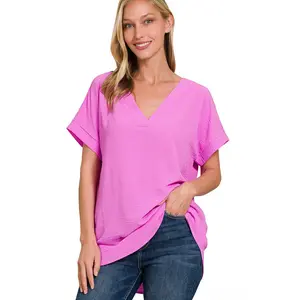Zenana Woven Airflow V-Neck Hi-Low Hem Top