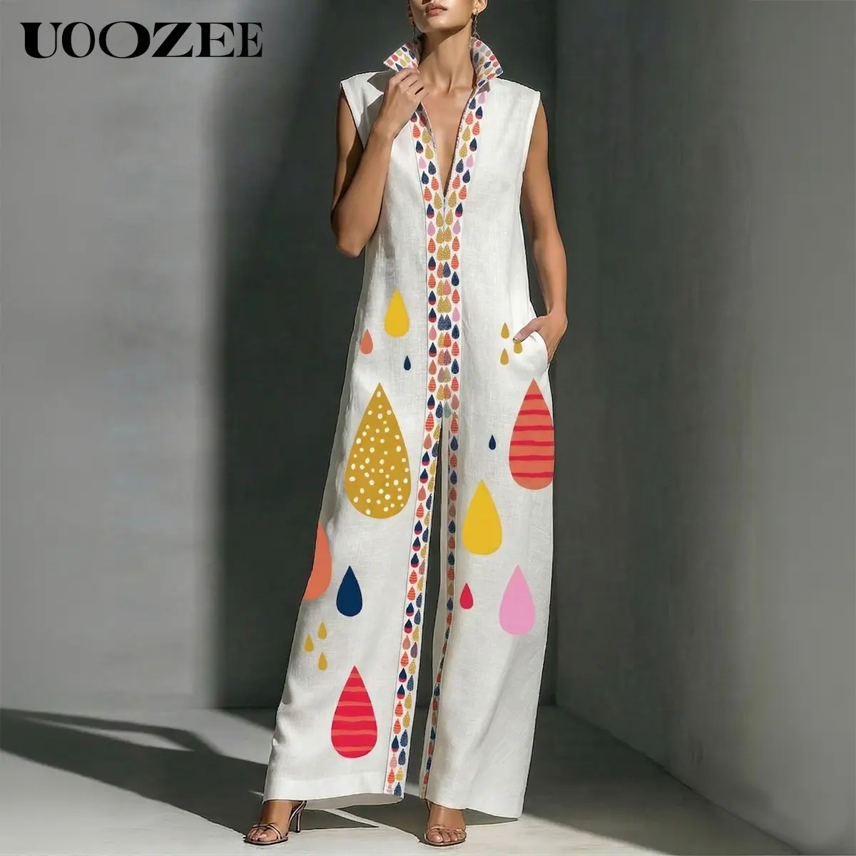 UOOZEE Women's Boho Overalls - Breathable Casual Sleeveless Strappy Collared All Over Teardrop Print Wide-Leg 1-Piece Polyester Jumpsuit with Pockets, Hip Statement Outfit for Summer Festival, Everyday Wear, Style