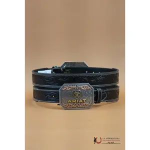 ARIAT UNISEX BELT HAND TOOLED BLACK SILVER/GOLD BUCKLE- A1042201