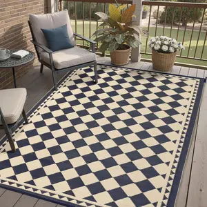 Waterproof Reversible 5x8 Checkered Black & Beige Outdoor Rug - Plastic Straw Camping Carpet for Patio RV Porch Deck Camper Balcony Backyard