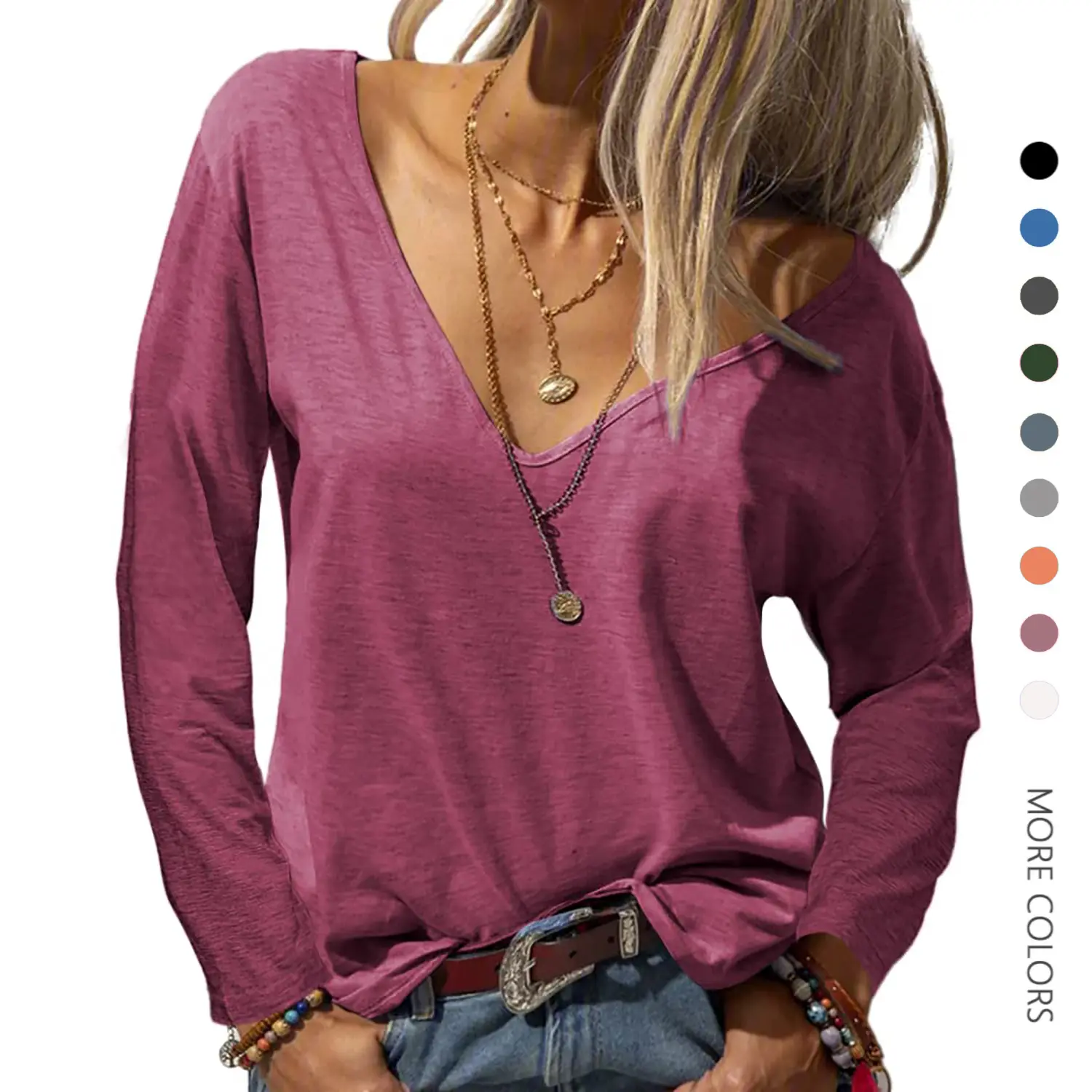 Danedvi Women's Casual Solid Rayon Blouse, Deep V-Neck Long Sleeve Pullover, Loose Fit Machine Washable Top for Street & Outdoor Wear, Basic, Watch Party, L